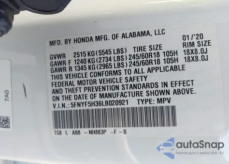 2020 Honda Pilot 2Wd Ex from USA, damaged, VIN 5FNYF5H36LB020921